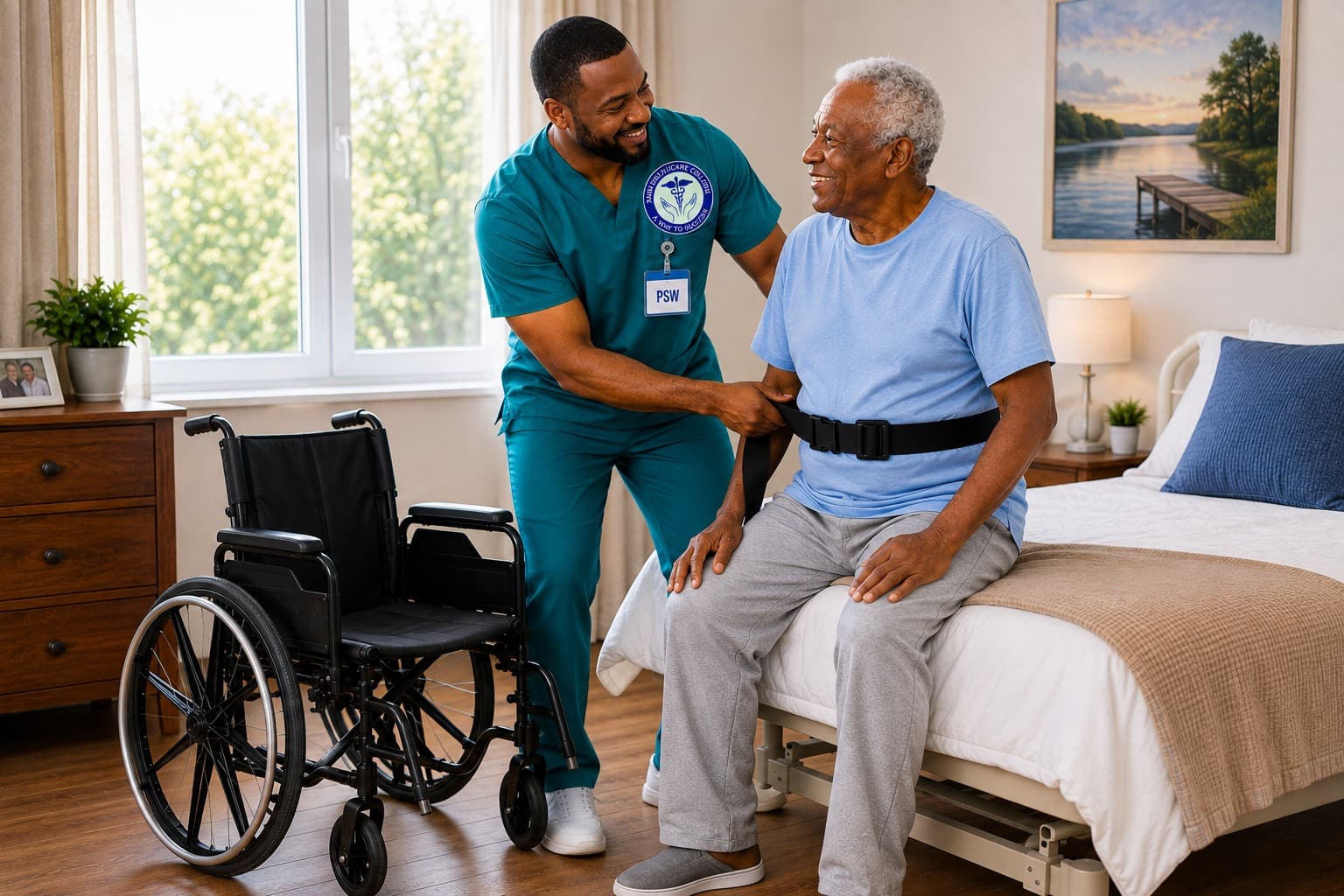 A PSW student helping a senior man safely move from his bed to a wheelchair using a transfer belt, in a bright home care setting.