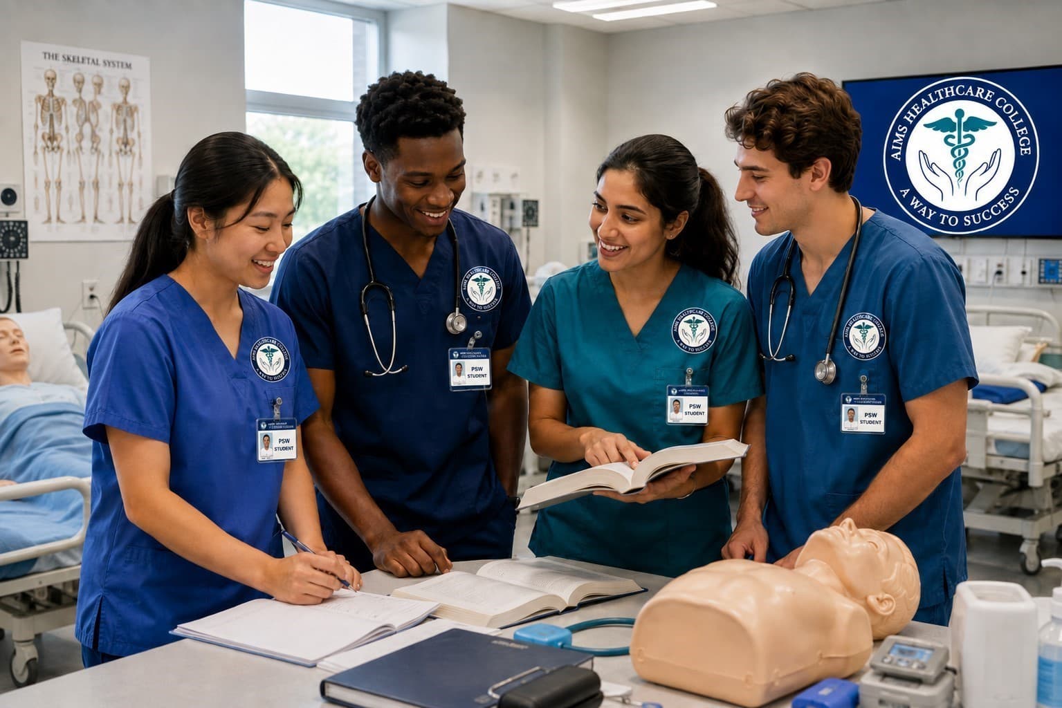 Four PSW students in scrubs practicing patient-care skills together on a training manikin in a simulated hospital skills lab.