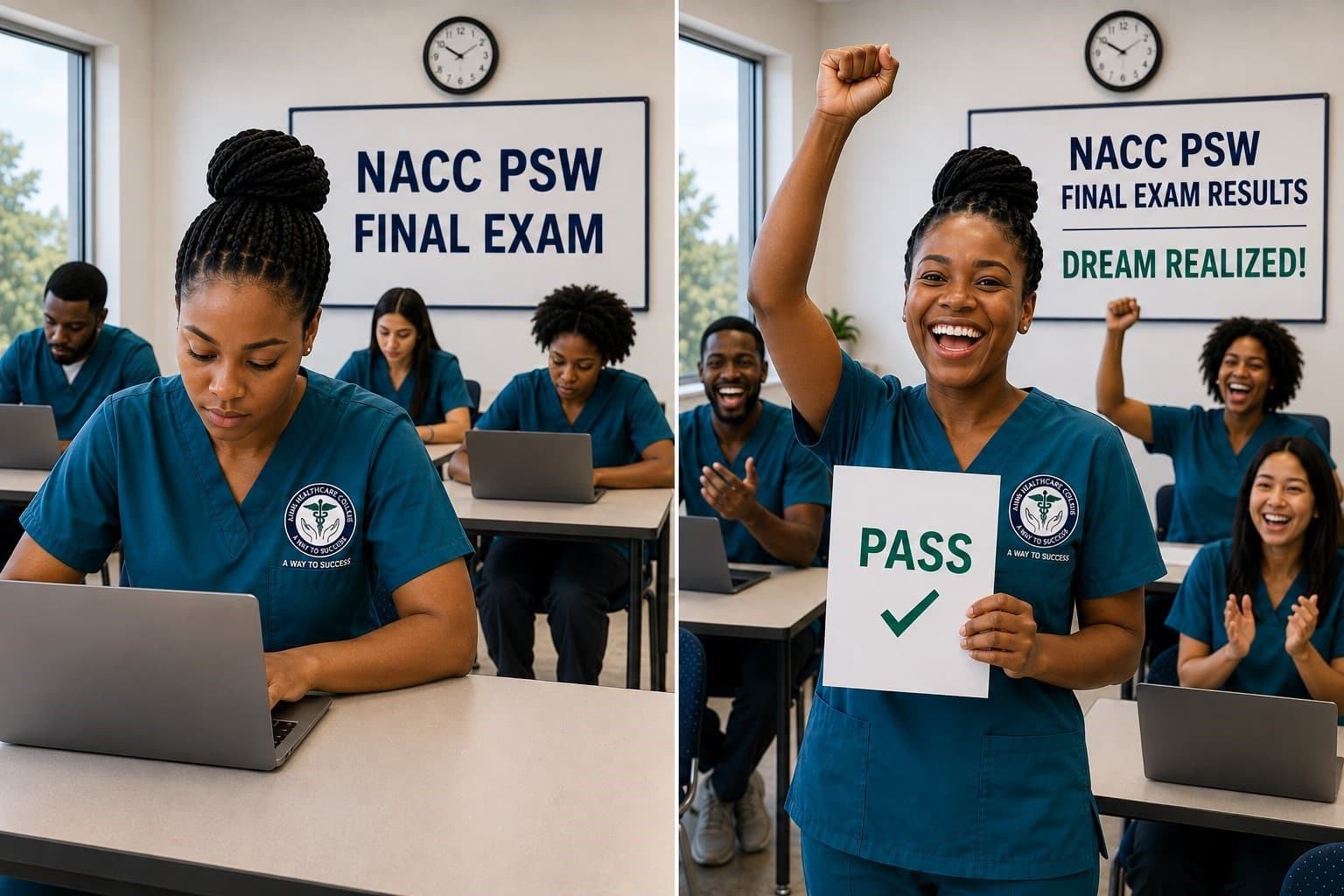 Side-by-side photos of a PSW student focused during the NACC PSW final exam, then celebrating with a raised fist after passing.