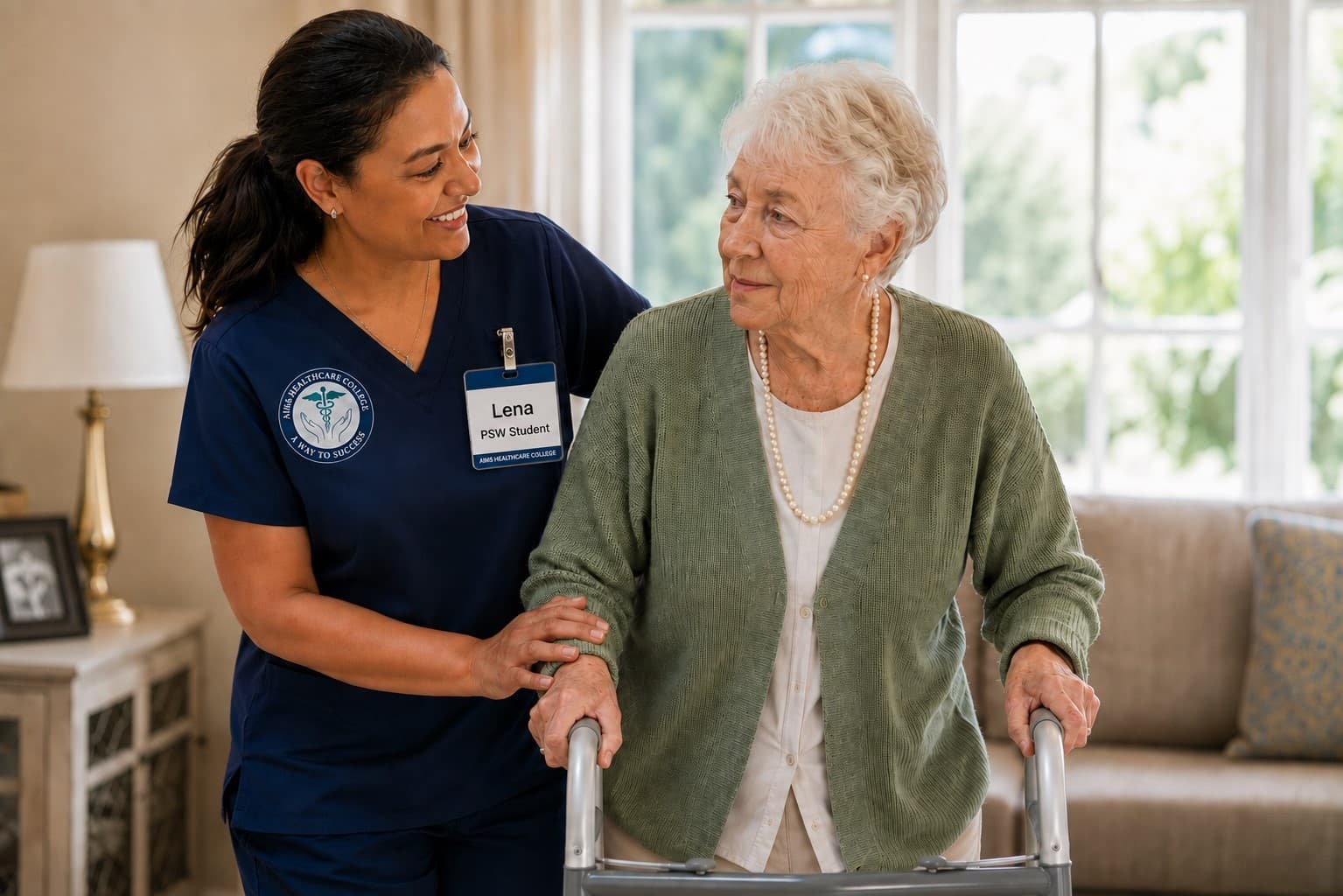 A PSW student supporting an older woman using a walker in a bright, home-like living room, both smiling.