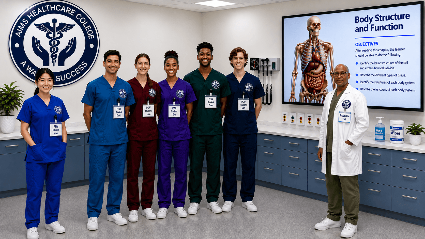 A group of AIMS Healthcare College PSW students in scrubs, wearing name badges, standing with their instructor in a training room.