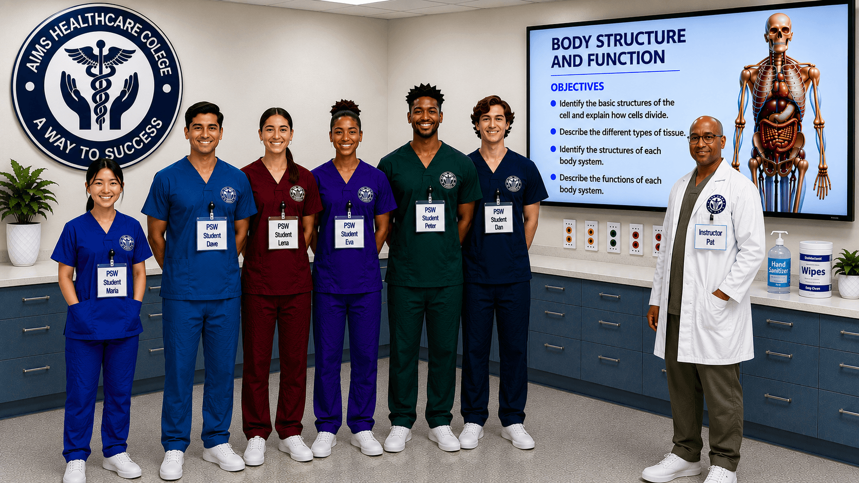 AIMS Healthcare College students in a hands-on PSW skills lab in Stoney Creek, Ontario